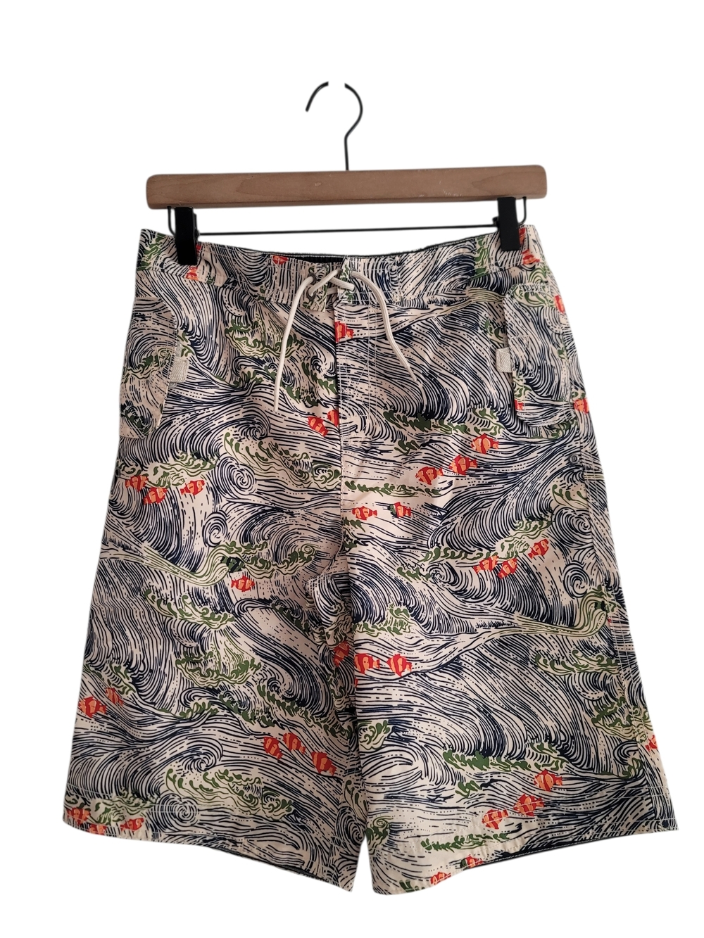 NEW Lands' End Kids 14-16 Navy Blue Cream Fish Print Lined Swim Trunks Shorts